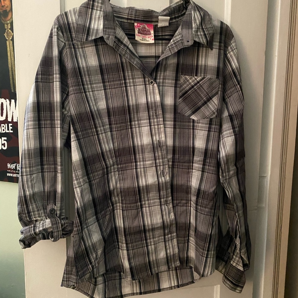 White Black Plaid Button Down Jrs XXL